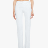 Person wearing a white outfit with high-waisted pants on a white background