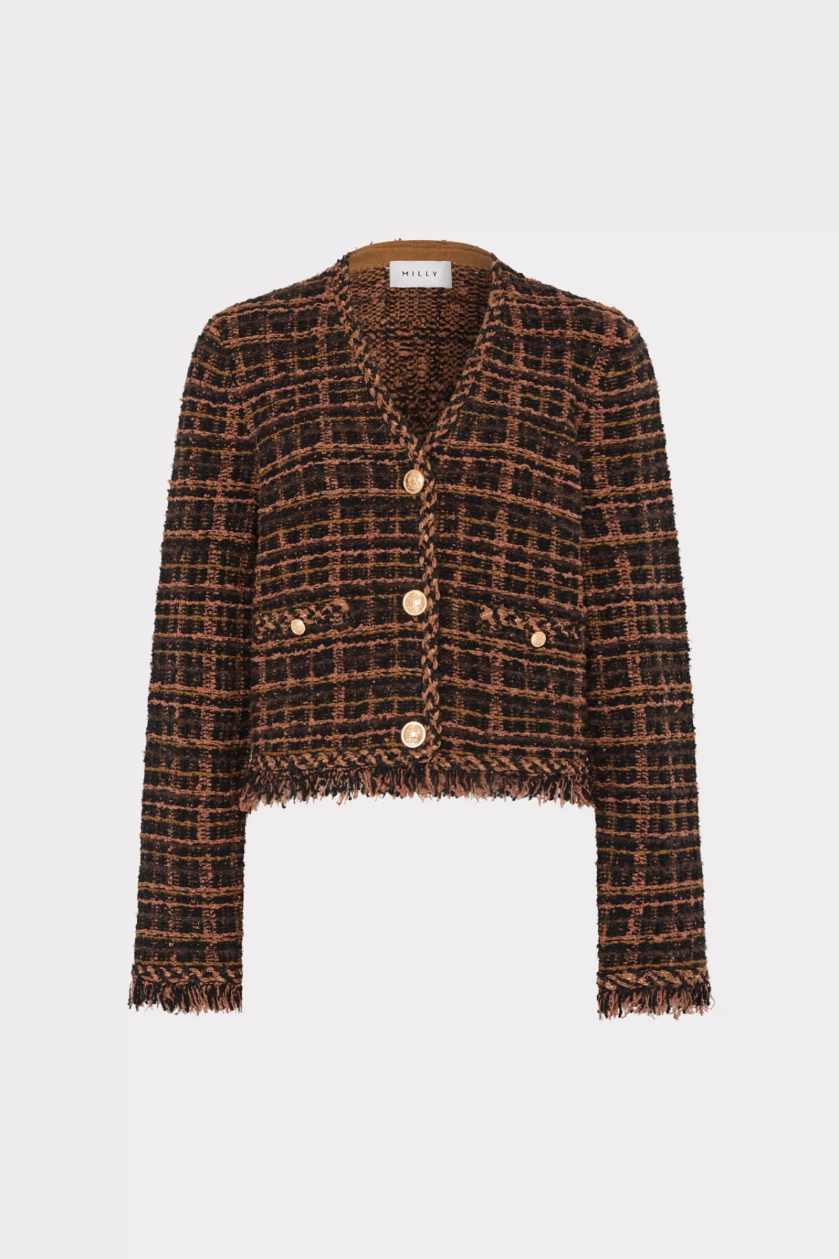 A cropped tweed jacket in a brown and black plaid pattern with gold buttons, displayed on a neutral light gray background.