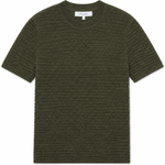 An olive green short-sleeve knit t-shirt with a textured, ribbed horizontal pattern, shown flat against a plain white background.