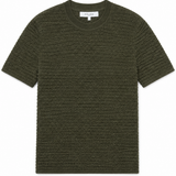 An olive green short-sleeve knit t-shirt with a textured, ribbed horizontal pattern, shown flat against a plain white background.