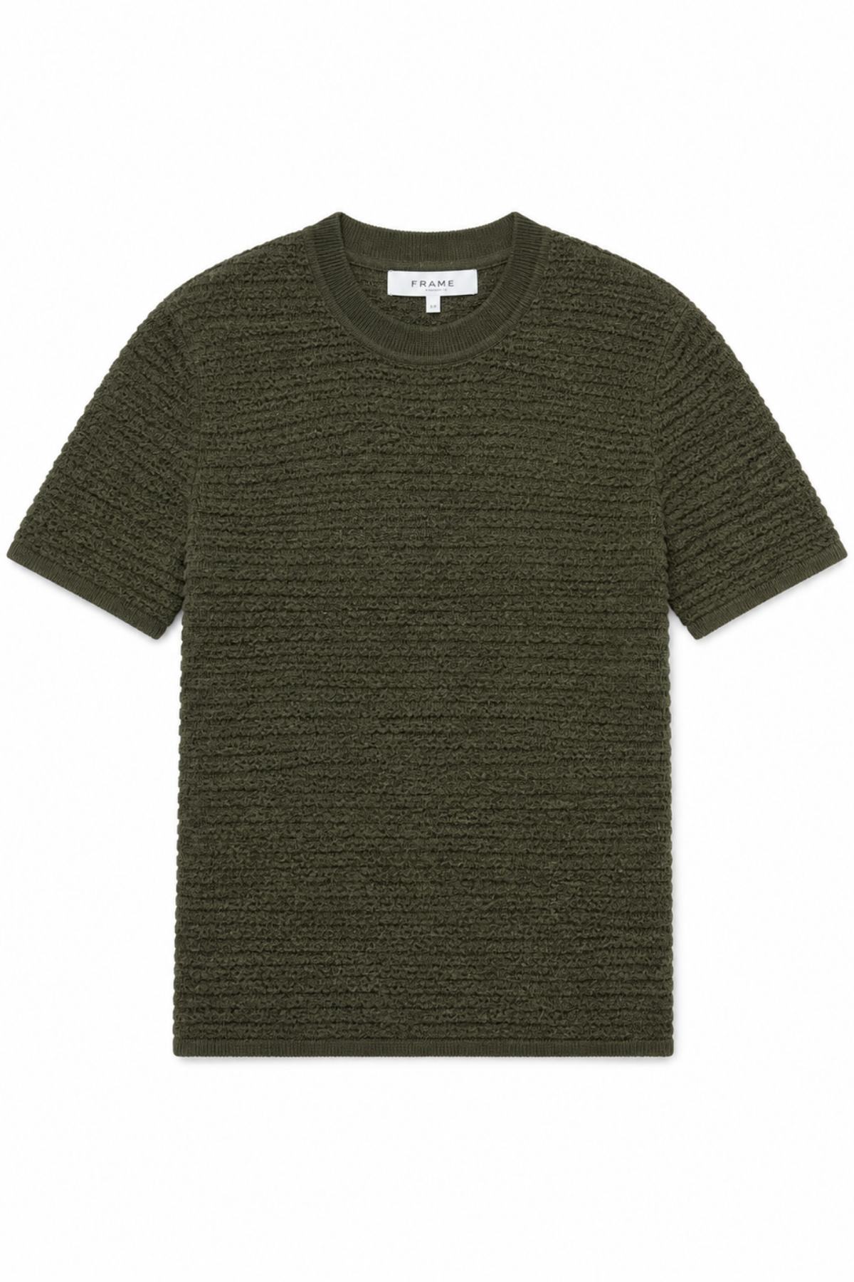 An olive green short-sleeve knit t-shirt with a textured, ribbed horizontal pattern, shown flat against a plain white background.