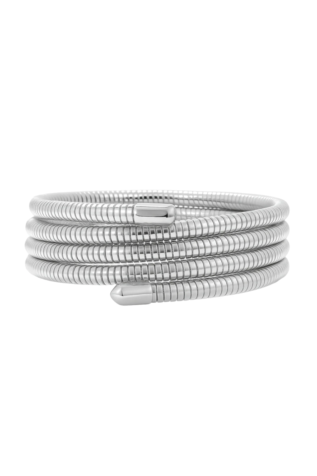 Silver coil bracelet on a white background