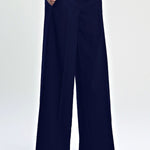 Navy wide-leg pants worn by a person on a white background