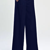 Navy wide-leg pants worn by a person on a white background