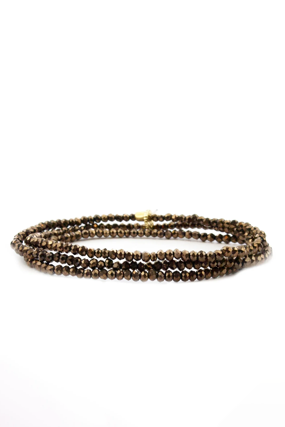 Three brown beaded bracelets on a white background