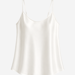 An off-white satin camisole top with thin spaghetti straps, displayed on a clean, light gray background.