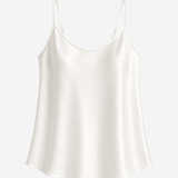 An off-white satin camisole top with thin spaghetti straps, displayed on a clean, light gray background.