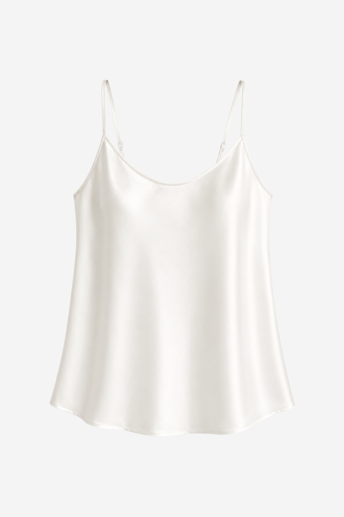 An off-white satin camisole top with thin spaghetti straps, displayed on a clean, light gray background.