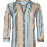 Three-quarter sleeve blouse with a soft stripe pattern.