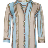 Three-quarter sleeve blouse with a soft stripe pattern.