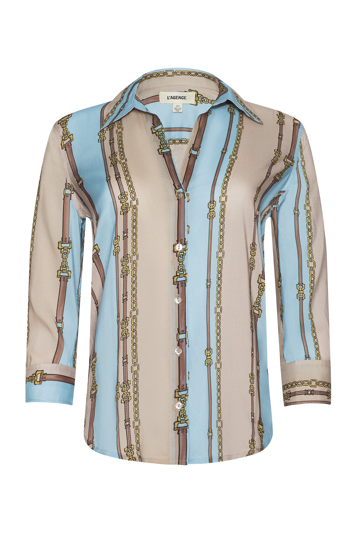 Three-quarter sleeve blouse with a soft stripe pattern.