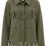 Women's olive green shacket featuring fringe detailing, long sleeves, and a relaxed silhouette.