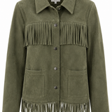 Women's olive green shacket featuring fringe detailing, long sleeves, and a relaxed silhouette.