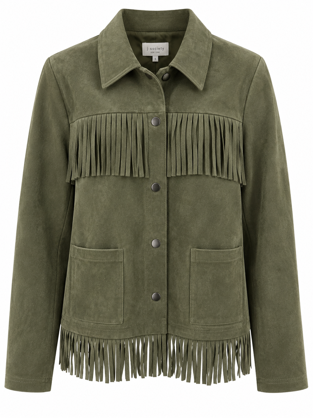 Women's olive green shacket featuring fringe detailing, long sleeves, and a relaxed silhouette.