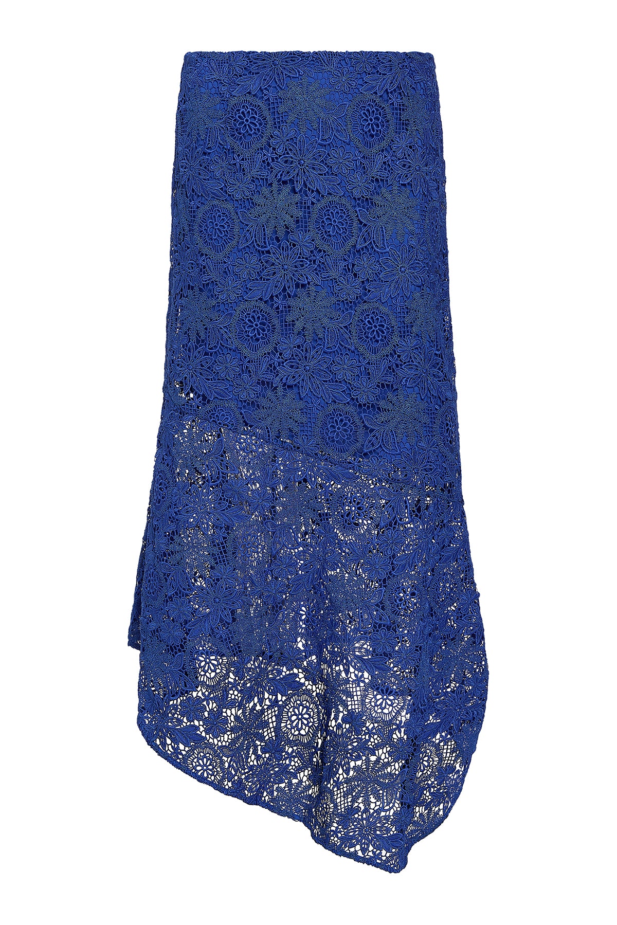 blue lace midi skirt on white background 