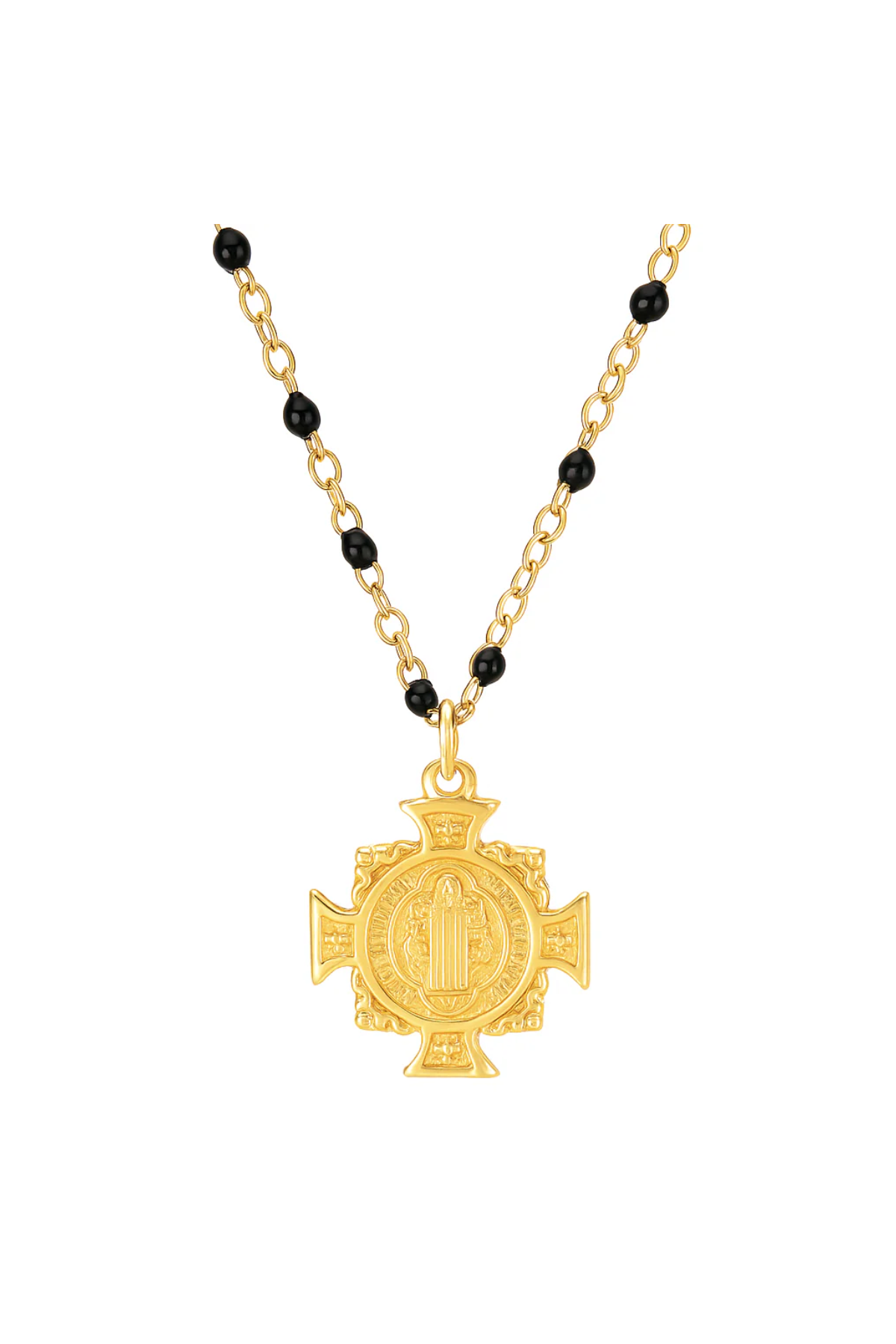 Gold necklace with a cross pendant and black beads on a white background