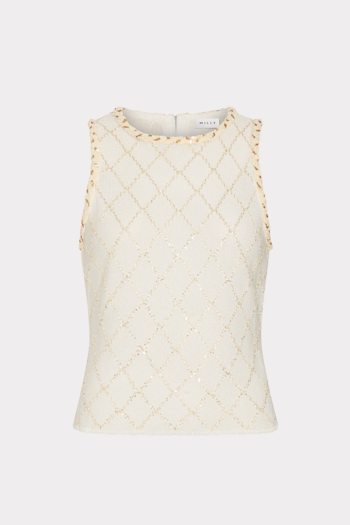 An off-white sleeveless knit top with a gold geometric diamond pattern and gold trim along the shoulder edges, shown against a light gray background.