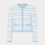 Striped cardigan with blue and white pattern on a light gray background