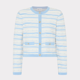 Striped cardigan with blue and white pattern on a light gray background