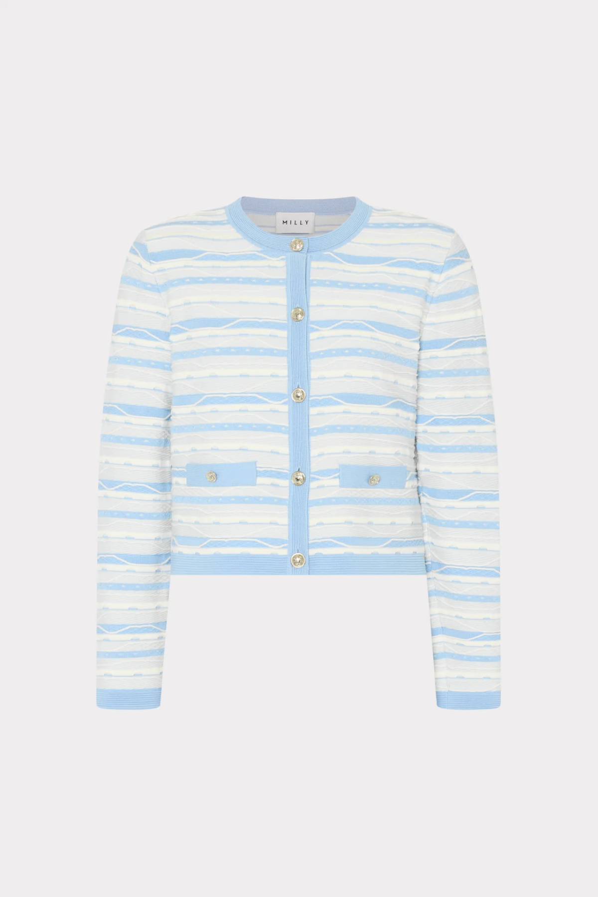 Striped cardigan with blue and white pattern on a light gray background
