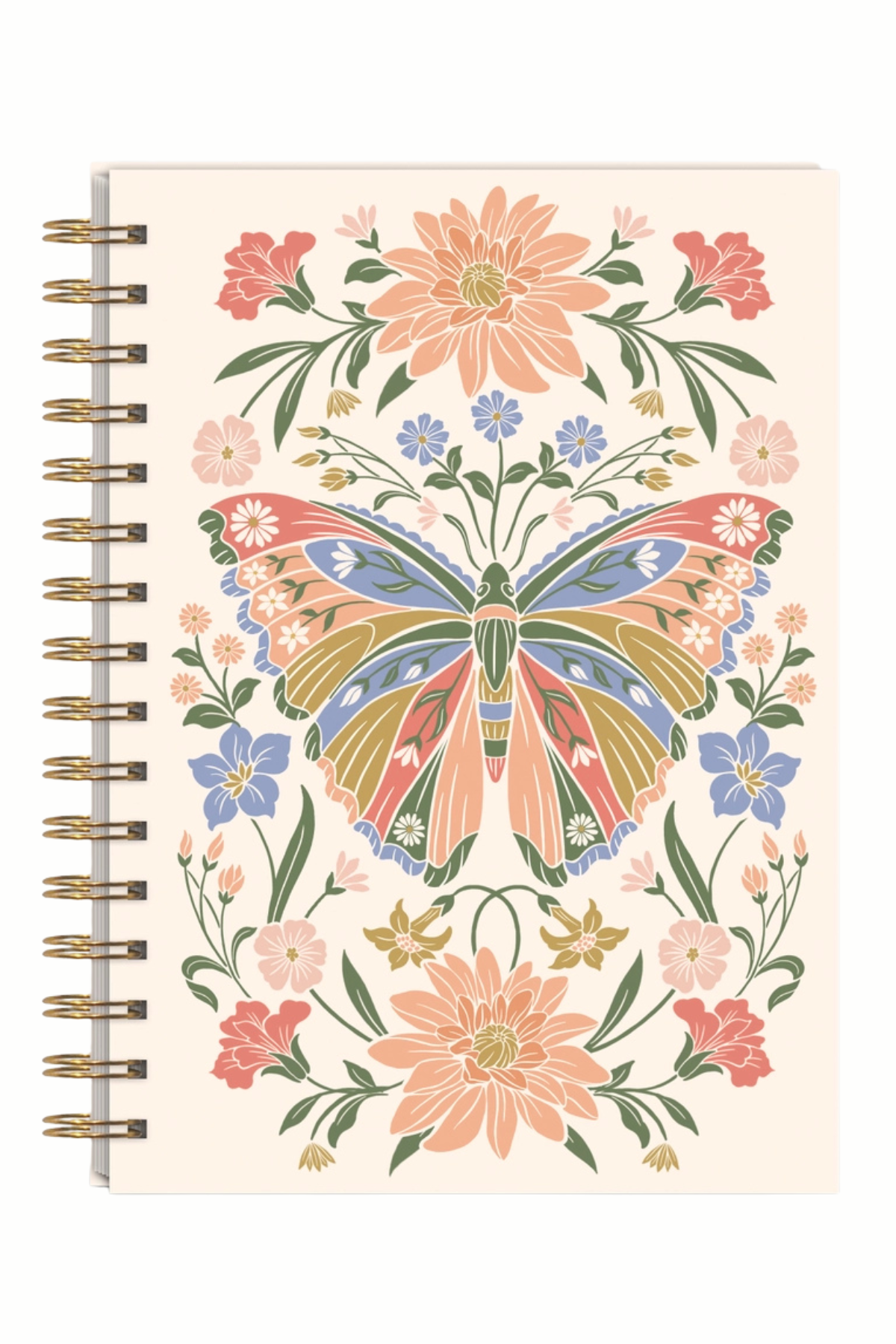 A spiral-bound notebook with a cream-colored cover featuring a colorful butterfly and floral design, bound with gold-toned metal coils on the left side.