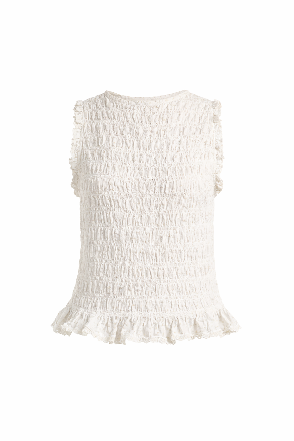 White textured sleeveless top on a white background