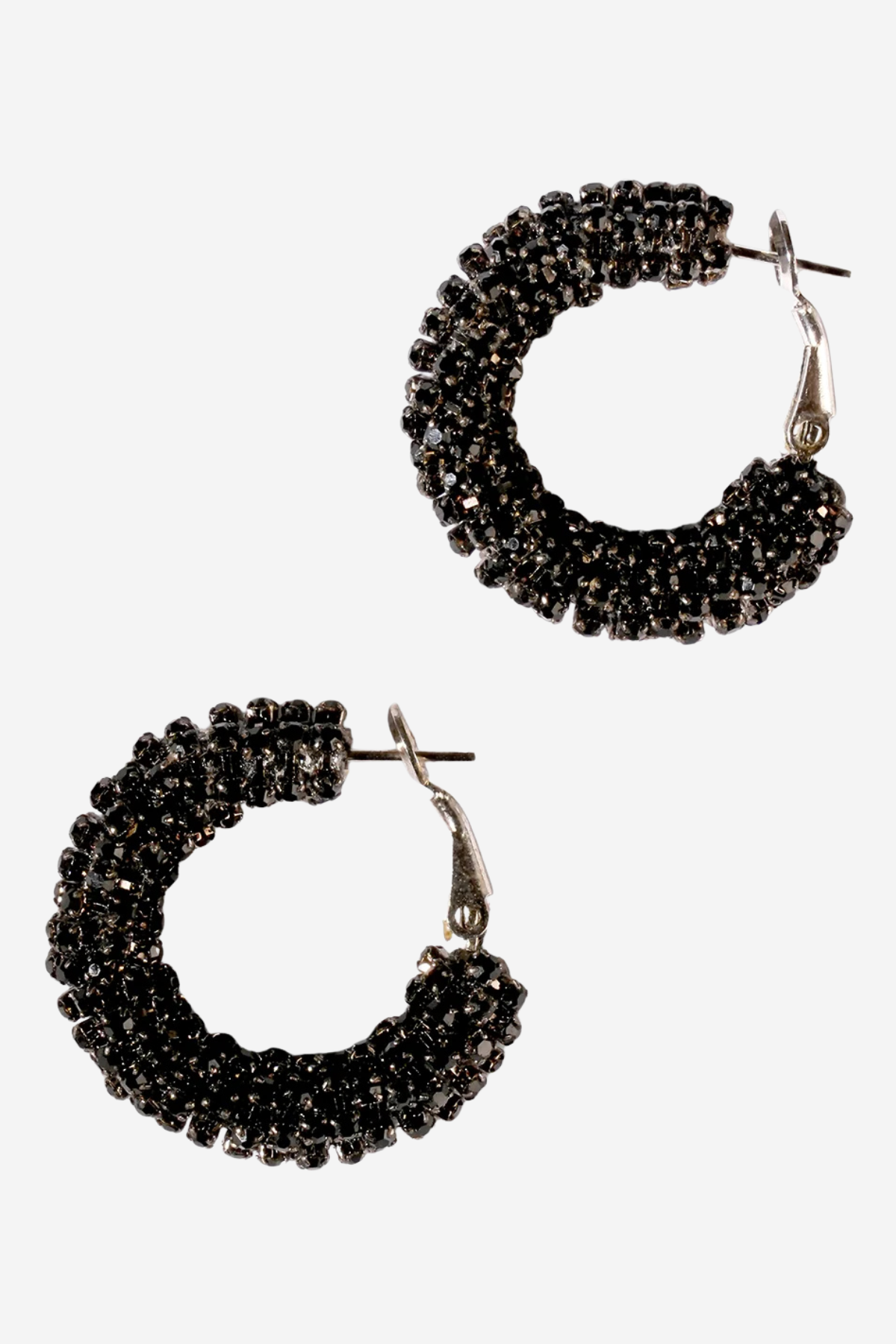 Black beaded hoop earrings on a white background.