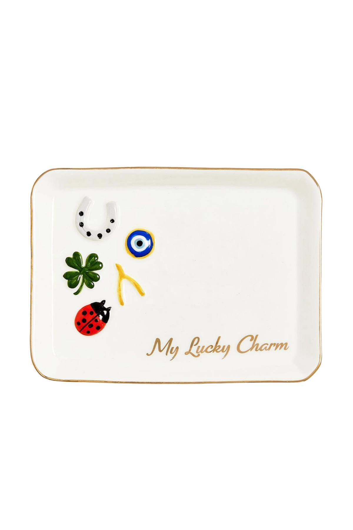 A white ceramic lucky charm tray with a gold rim, featuring traditional good luck symbols including a green four-leaf clover, a red ladybug, a white horseshoe, an evil eye, and a gold/yellow yankee, with the text 'My Lucky Charm' in gold script.