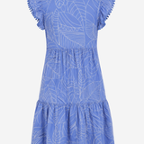 Women's light blue embroidered dress featuring ruffle details, short sleeves, and a flowing feminine silhouette.