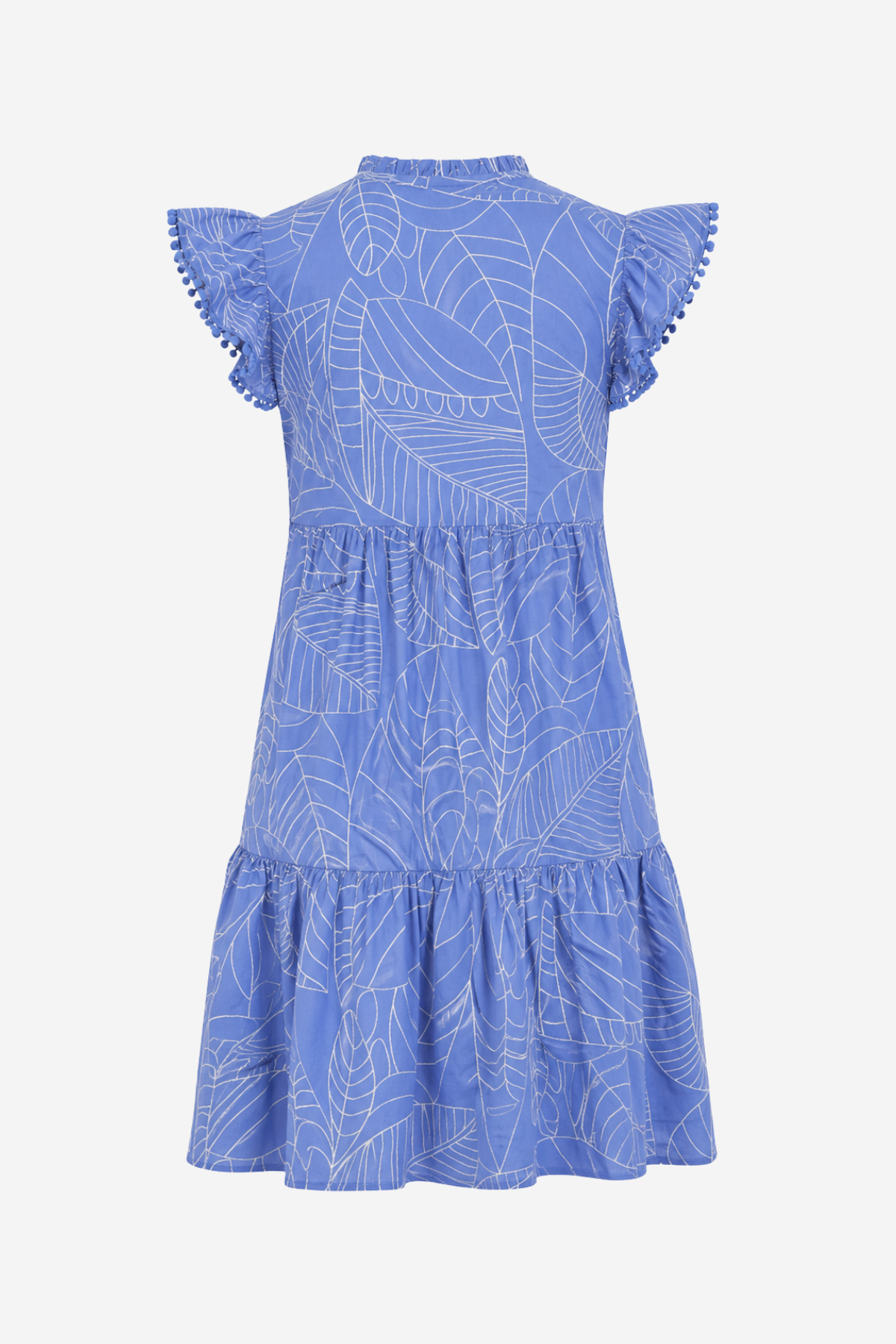 Women's light blue embroidered dress featuring ruffle details, short sleeves, and a flowing feminine silhouette.