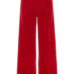 Red wide-leg corduroy pants with a button closure and front pockets, shown against a plain white background.