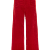 Red wide-leg corduroy pants with a button closure and front pockets, shown against a plain white background.