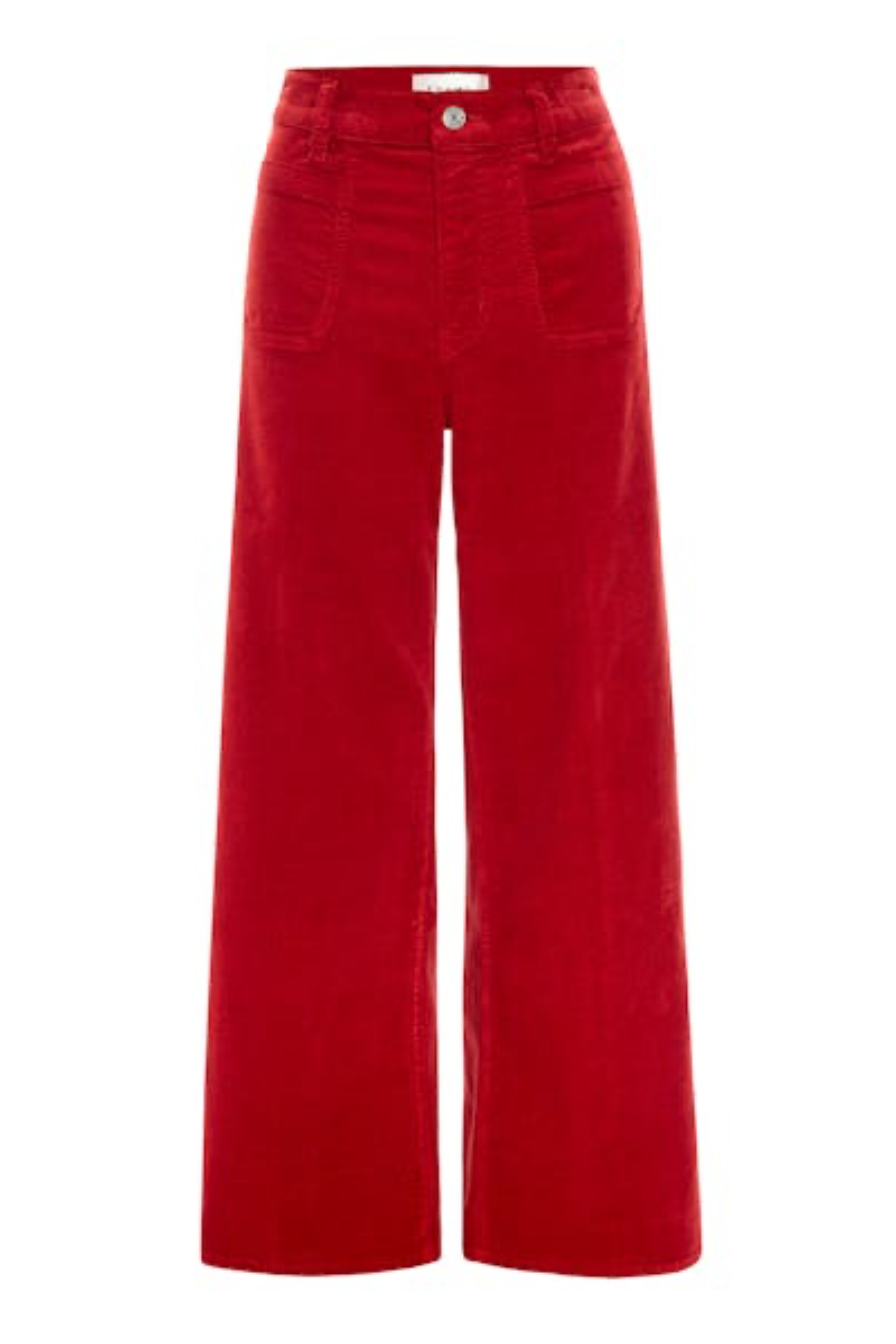 Red wide-leg corduroy pants with a button closure and front pockets, shown against a plain white background.