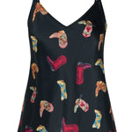 Black slip top with colorful cowboy boot pattern on a white background