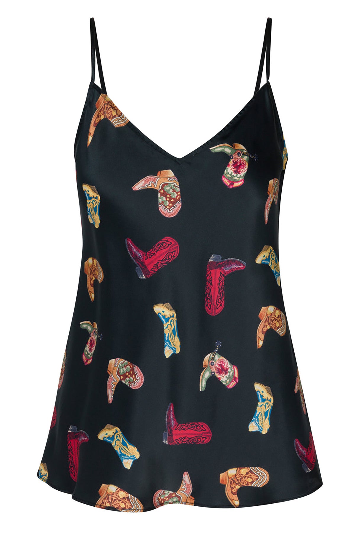 Black slip top with colorful cowboy boot pattern on a white background