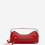 Medium-sized structured leather handbag in a rich red hue featuring a top handle and detachable shoulder strap.