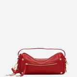 Medium-sized structured leather handbag in a rich red hue featuring a top handle and detachable shoulder strap.