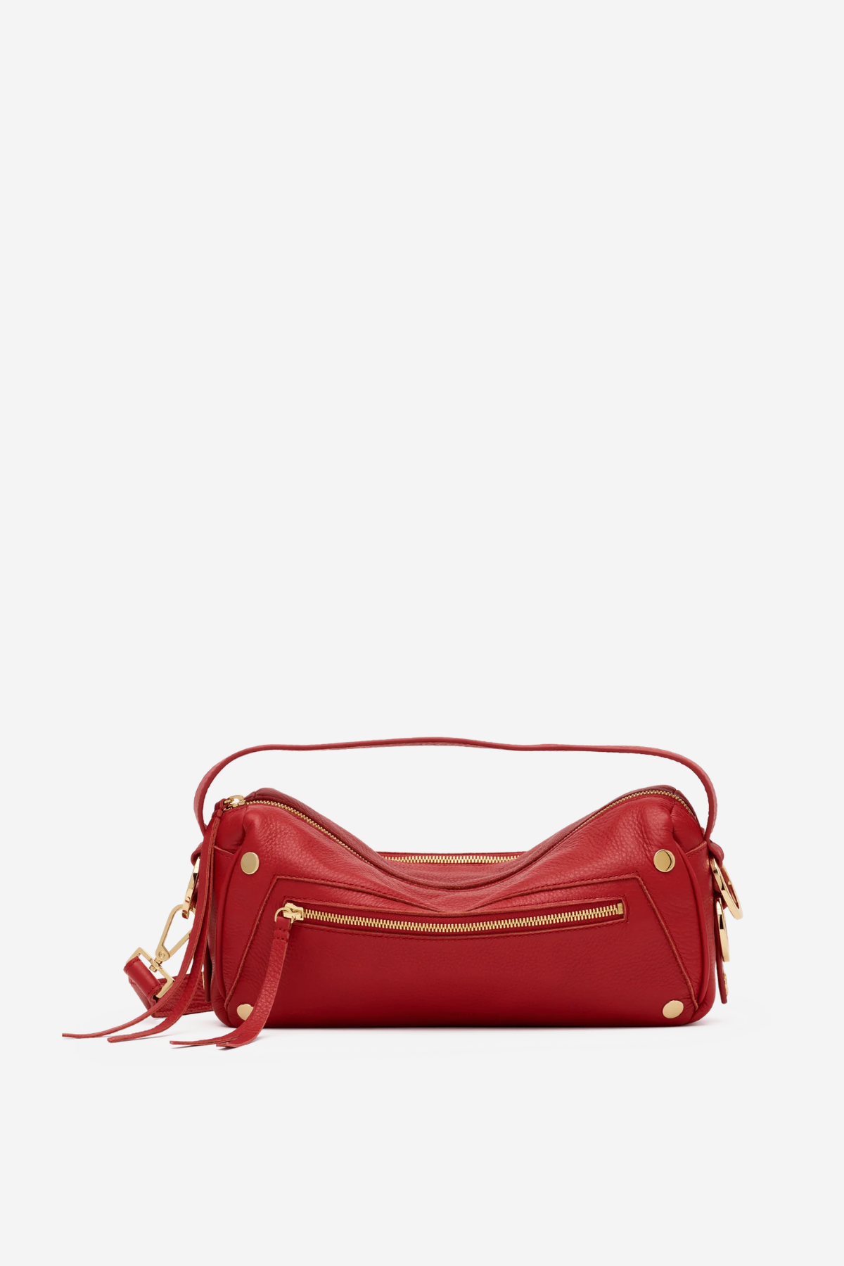 Medium-sized structured leather handbag in a rich red hue featuring a top handle and detachable shoulder strap.