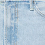 Close-up of light blue denim jeans with a brand label.