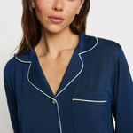 Navy blue Tencel™ modal pajama set featuring a short-sleeve button-front top and matching shorts.