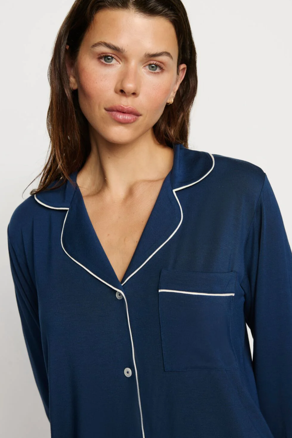 Navy blue Tencel™ modal pajama set featuring a short-sleeve button-front top and matching shorts.