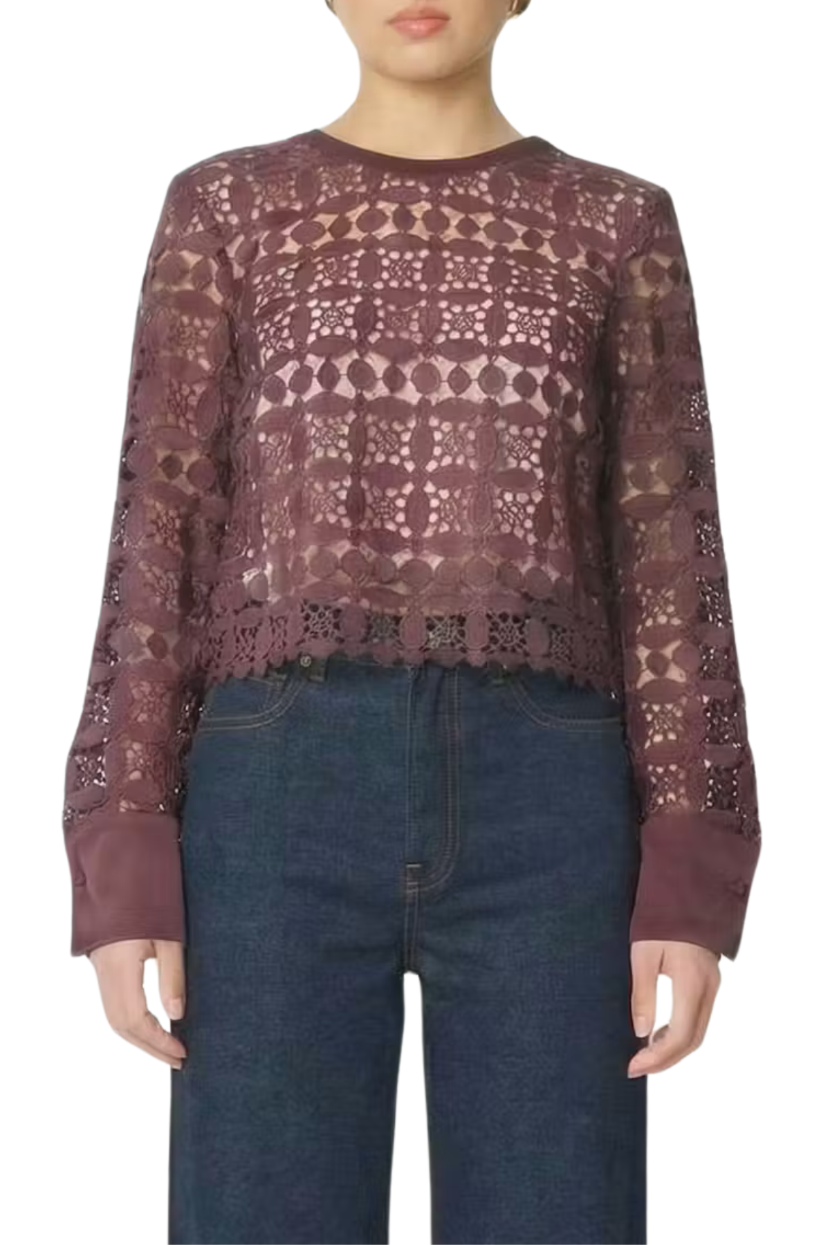 Women's burgundy blouse featuring long sleeves and a relaxed silhouette.