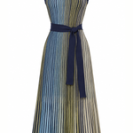 A sleeveless midi dress with vertical pleated stripes in navy blue, beige, and muted blue, featuring a matching navy waist tie belt.