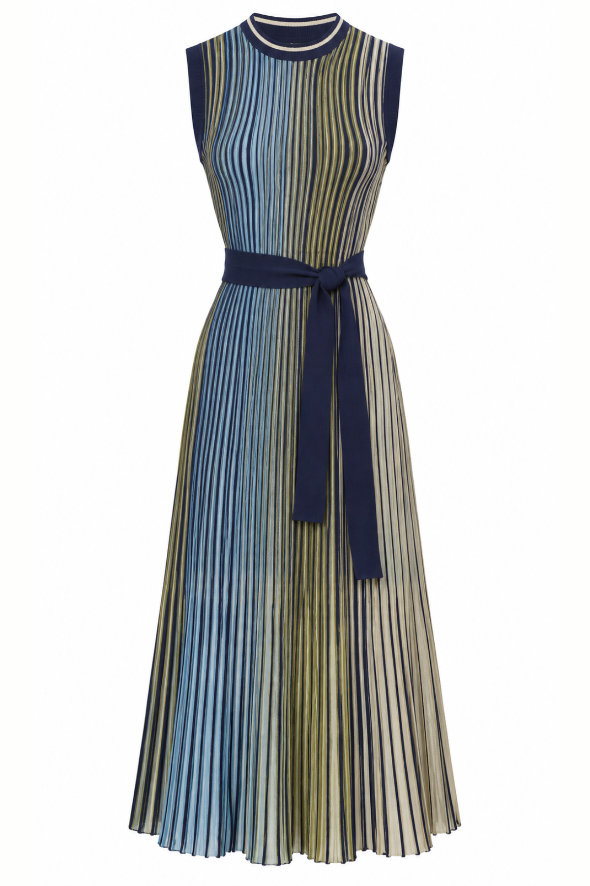 A sleeveless midi dress with vertical pleated stripes in navy blue, beige, and muted blue, featuring a matching navy waist tie belt.
