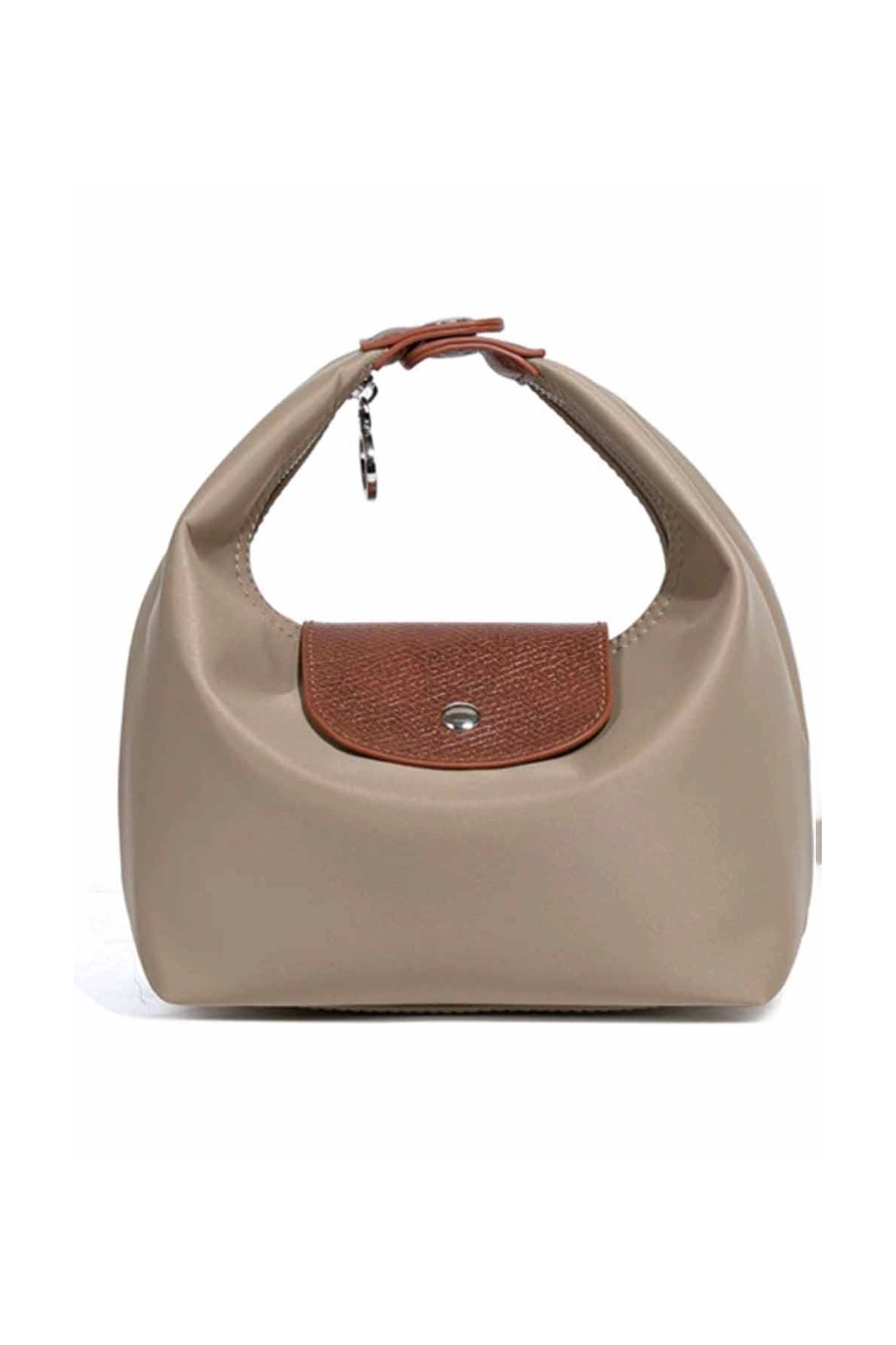 Beige handbag with a brown flap on a white background