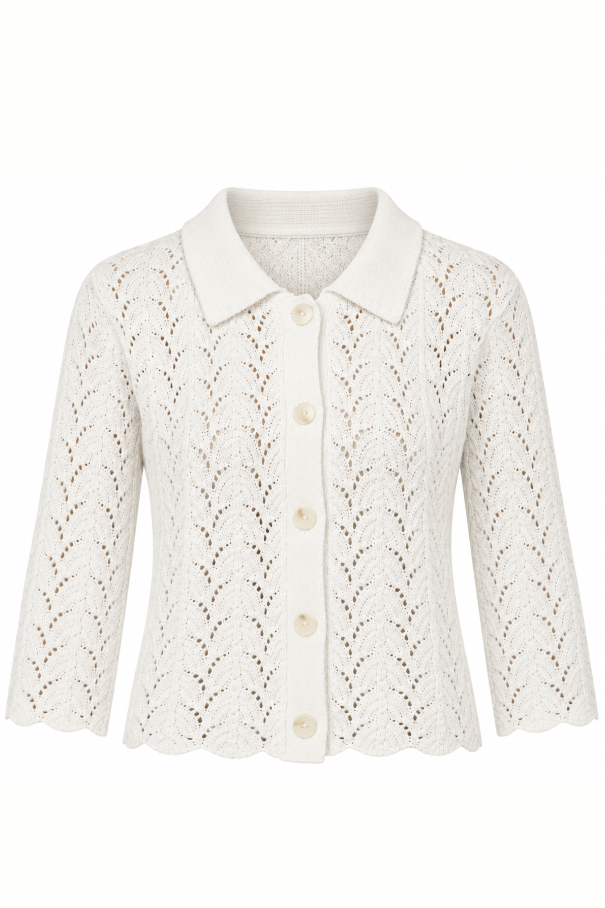 An off-white open-knit cardigan featuring a pointed collar, three-quarter sleeves, and a scalloped hem, with cream buttons down the front.