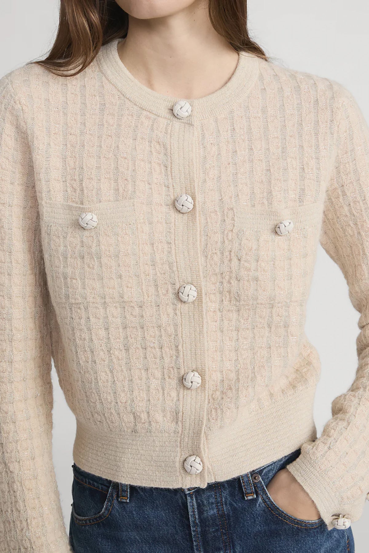 Check-pattern cardigan with subtle lurex shimmer, worn open over a neutral top