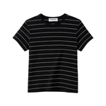 A black short-sleeve crewneck t-shirt with thin white horizontal stripes, displayed flat against a solid white background.
