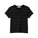 A black short-sleeve crewneck t-shirt with thin white horizontal stripes, displayed flat against a solid white background.