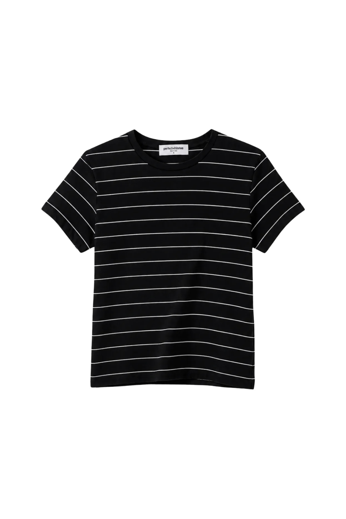 A black short-sleeve crewneck t-shirt with thin white horizontal stripes, displayed flat against a solid white background.
